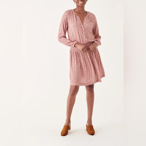 $178 NWT Faherty Montana Mauve Leaf Batik Long Sleeve Mini Dress Boho Casual - Picture 3 of 11